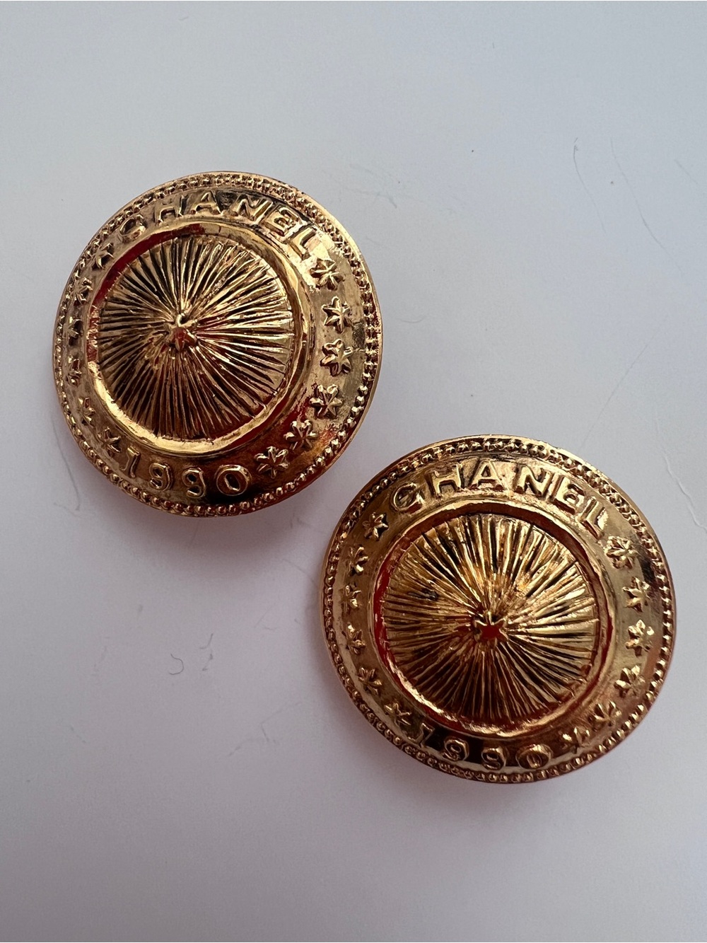 Vintage 1990 CHANEL Logo Sunburst Medallion Disc Earrings